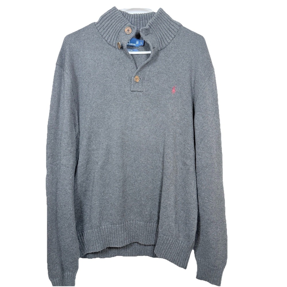 Vintage Polo Ralph Lauren Sweater Mens Large Gray Cotton Shawl Collar Mock Neck